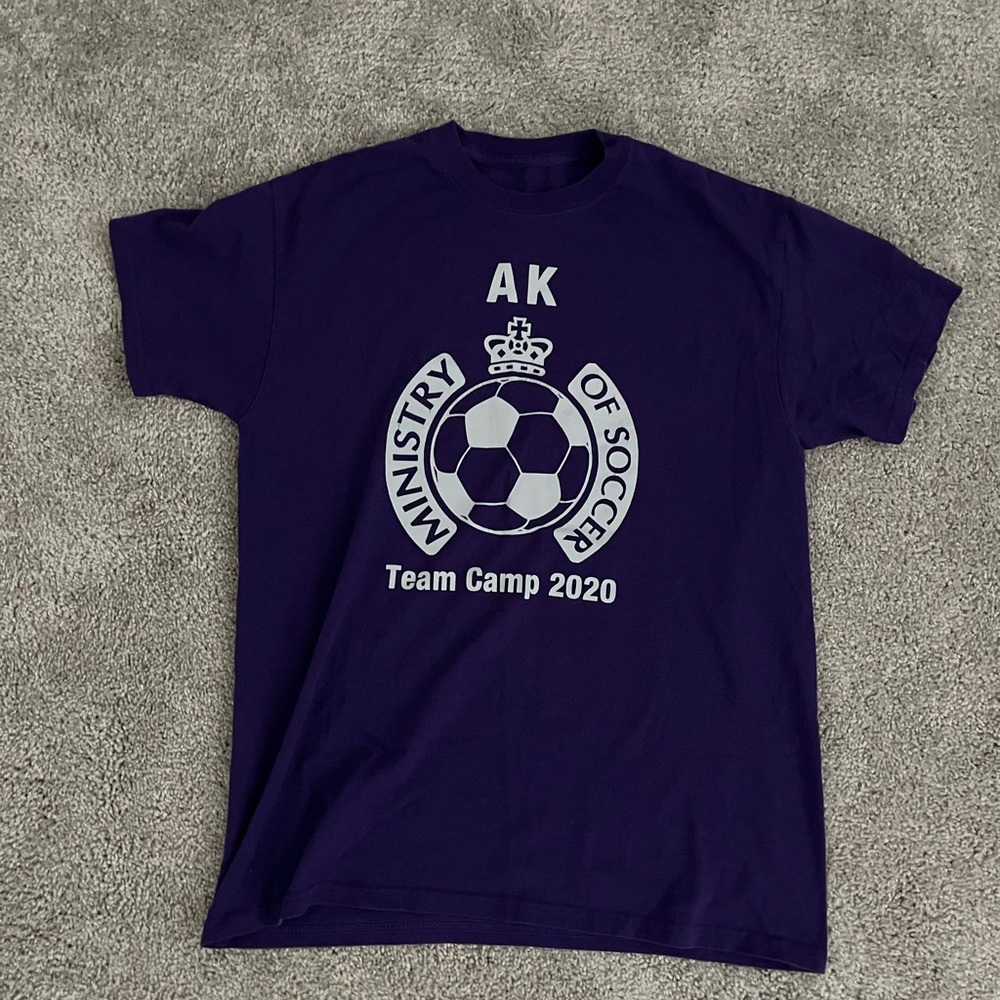 Purple soccer camp men's tee shirt